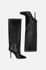 Faux Leather Square Toe Knee-High Stiletto Heeled Boots