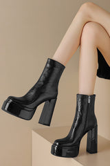 Calf Leather Double Platform Block Heel Ankle Boots