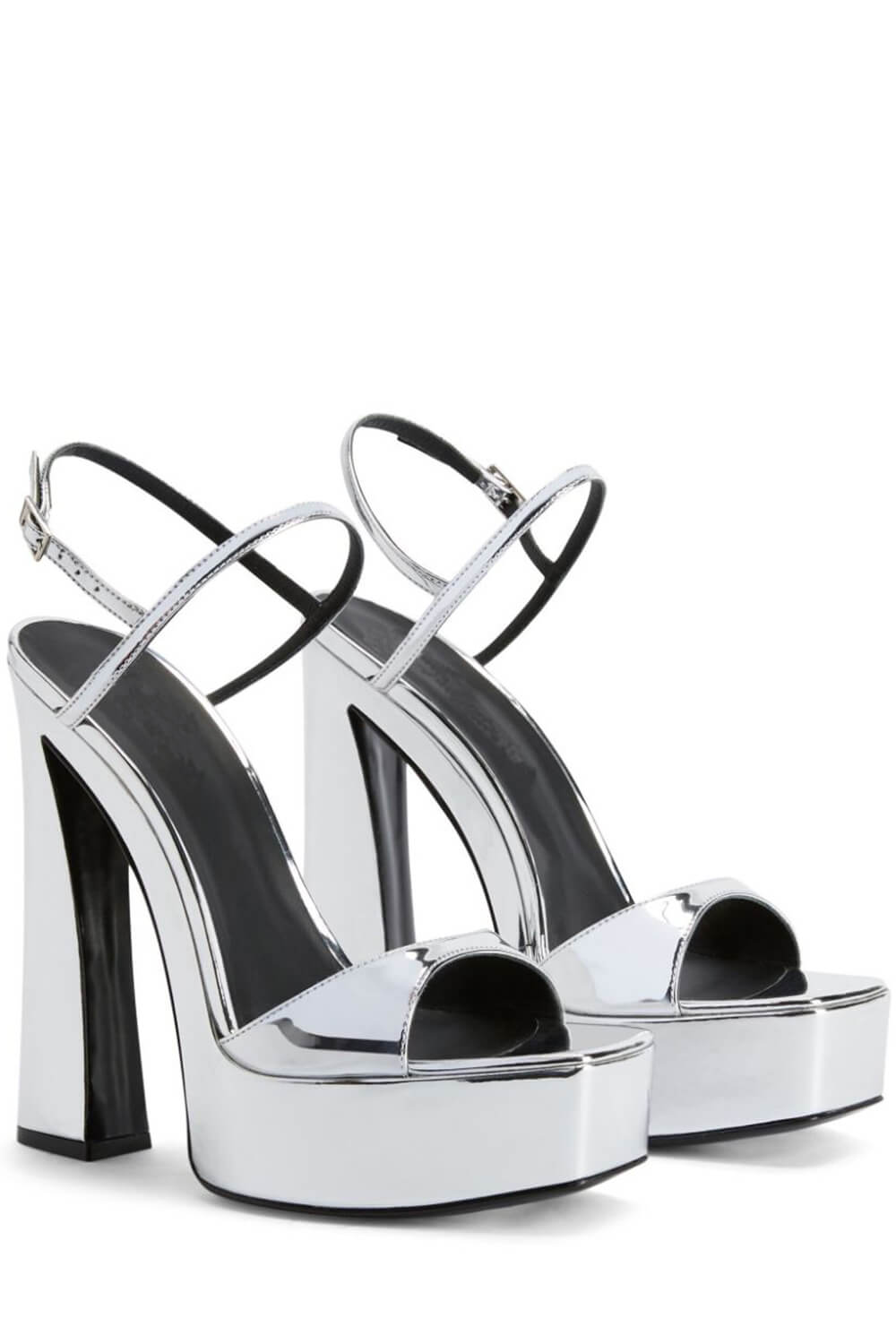 Metallic Silver Open Square Toe Platform Block Heels