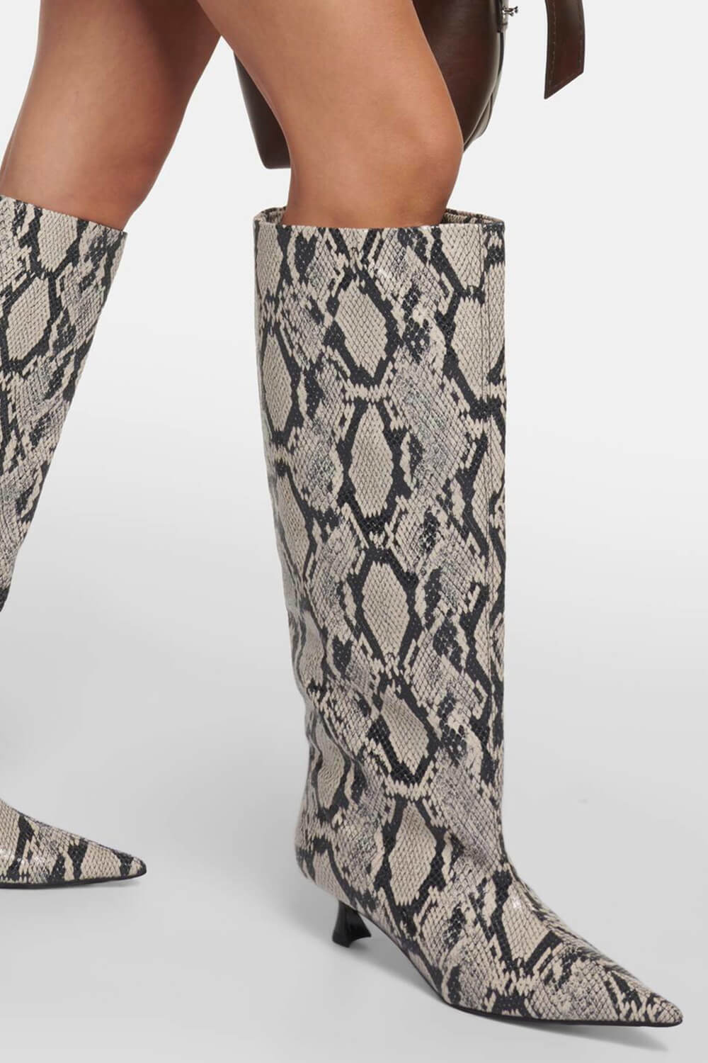 Python Faux Leather Pointed Toe Wide Calf Knee-High Boots