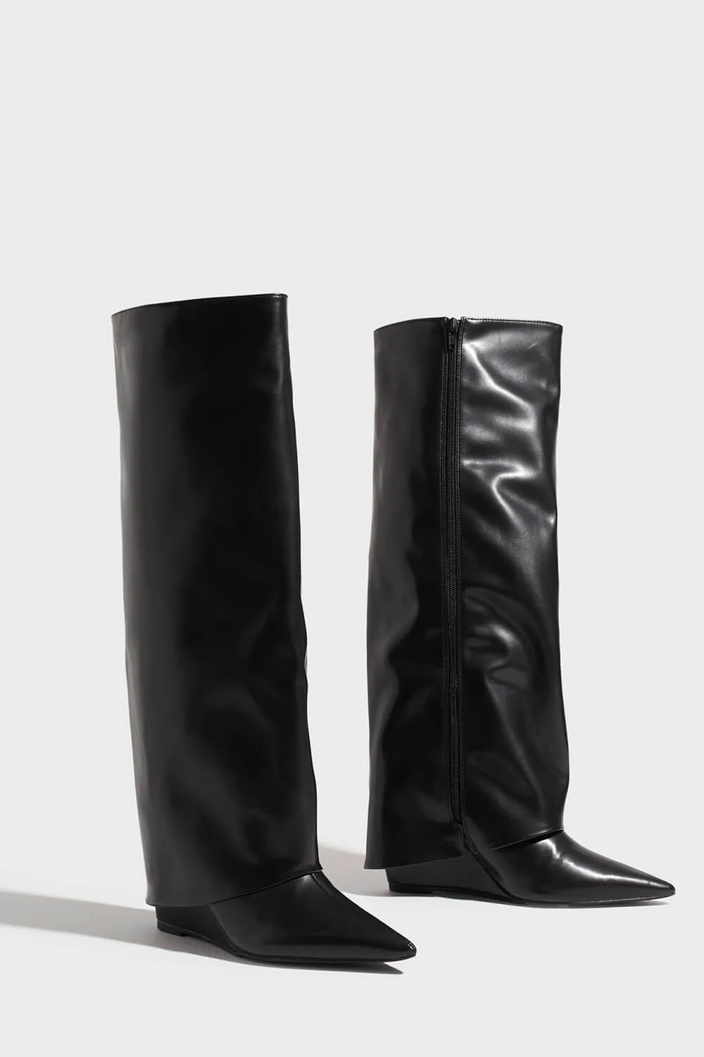 Faux Leather Folded Over Wedge Heeled Knee High Boots