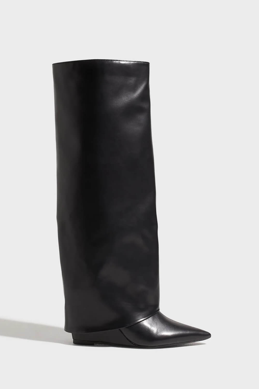 Faux Leather Folded Over Wedge Heeled Knee High Boots