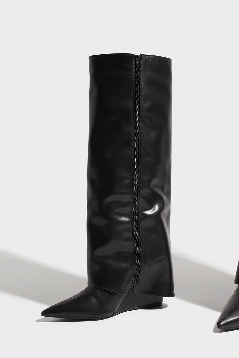 Faux Leather Folded Over Wedge Heeled Knee High Boots