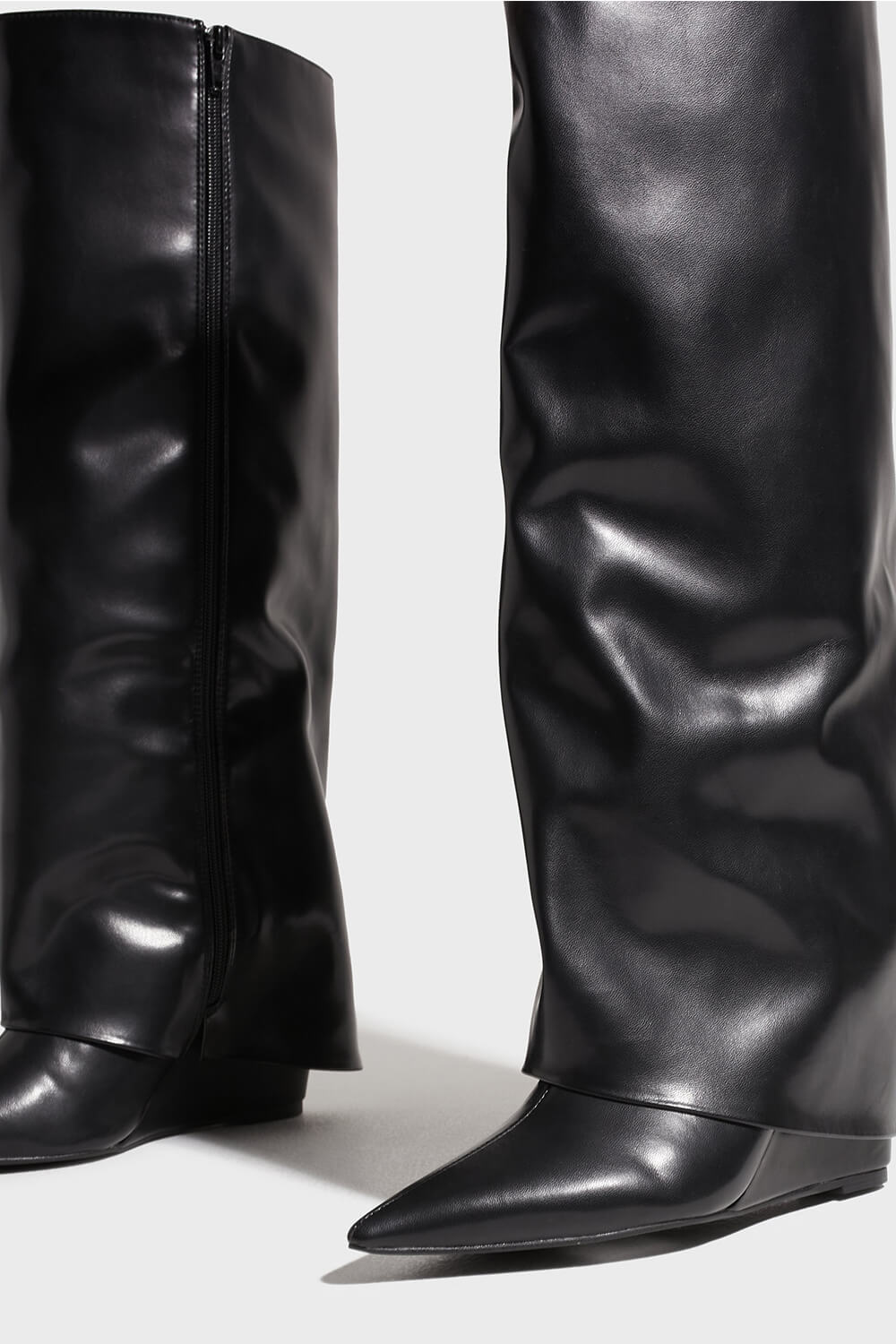 Faux Leather Folded Over Wedge Heeled Knee High Boots