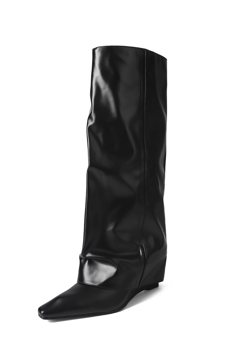 Faux Leather Folded Over Wedge Heeled Knee High Boots