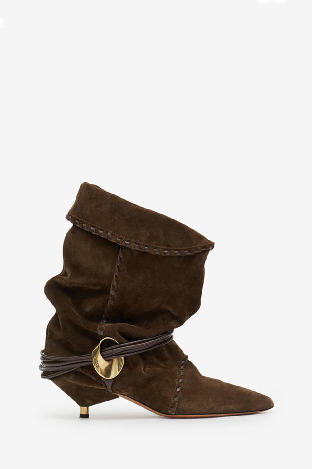 Draped Faux Suede Pointed Ankle Boots With Silver-Tone Hardware