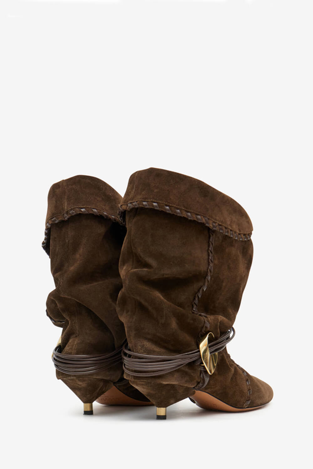 Draped Faux Suede Pointed Ankle Boots With Silver-Tone Hardware