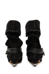 Draped Faux Suede Pointed Ankle Boots With Silver-Tone Hardware