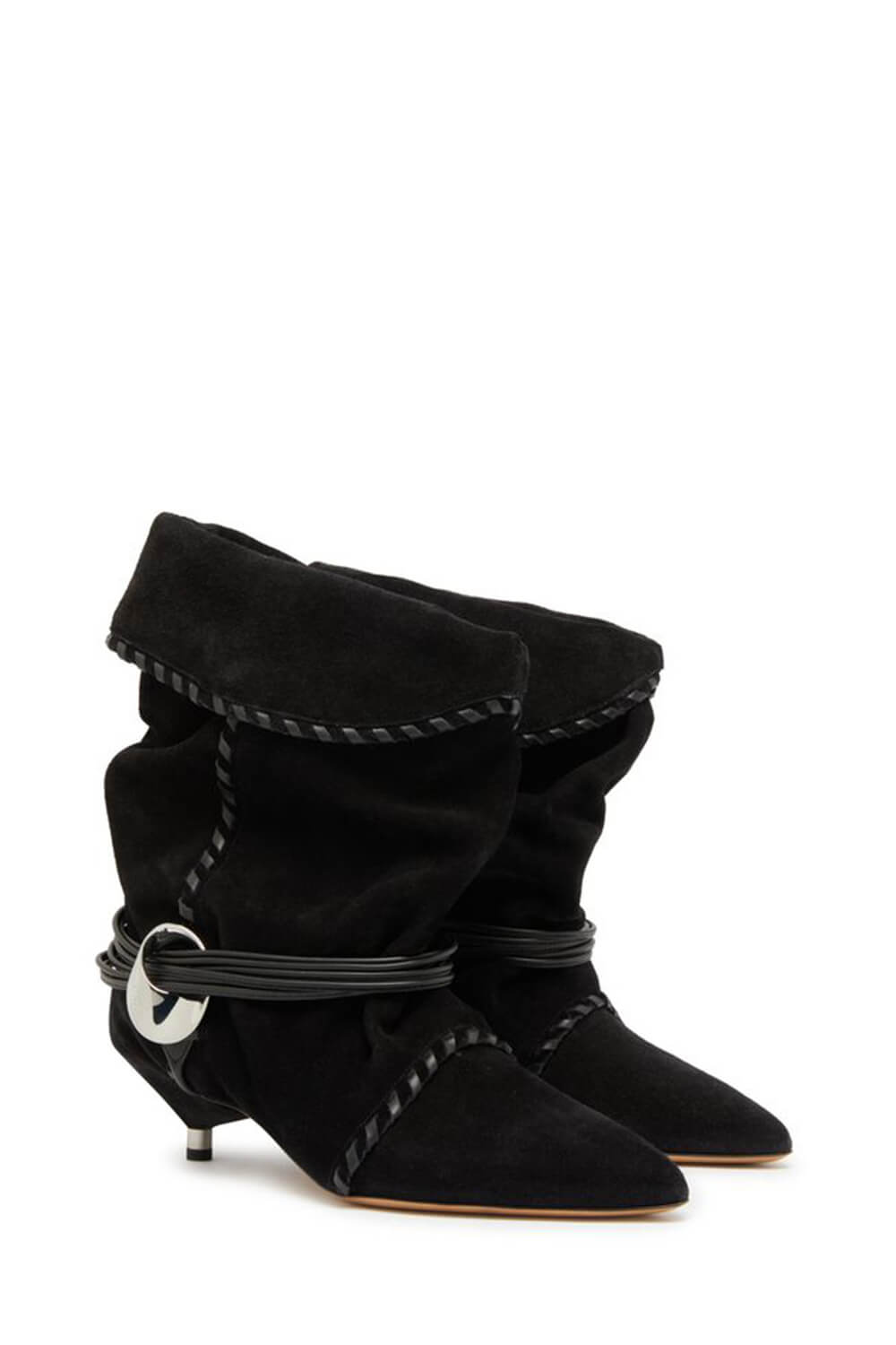 Draped Faux Suede Pointed Ankle Boots With Silver-Tone Hardware