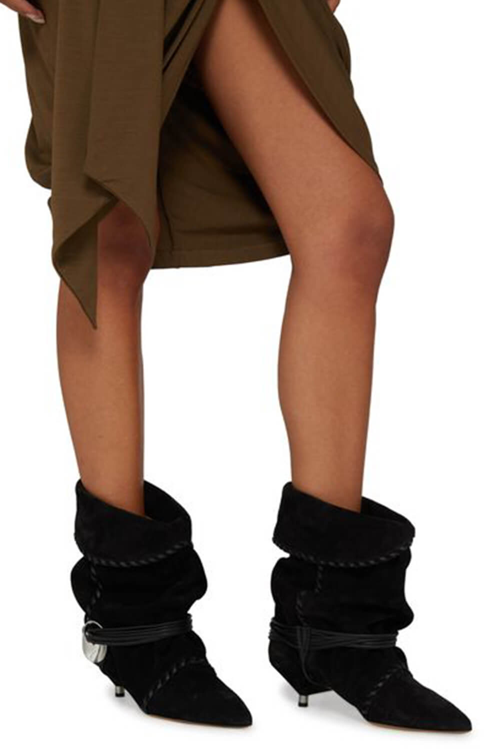 Draped Faux Suede Pointed Ankle Boots With Silver-Tone Hardware