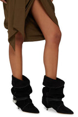 Draped Faux Suede Pointed Ankle Boots With Silver-Tone Hardware