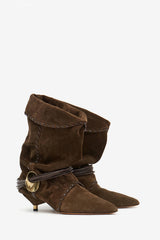 Draped Faux Suede Pointed Ankle Boots With Silver-Tone Hardware