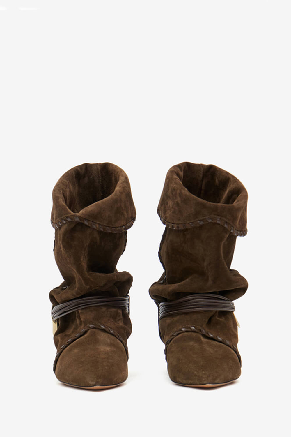 Draped Faux Suede Pointed Ankle Boots With Silver-Tone Hardware