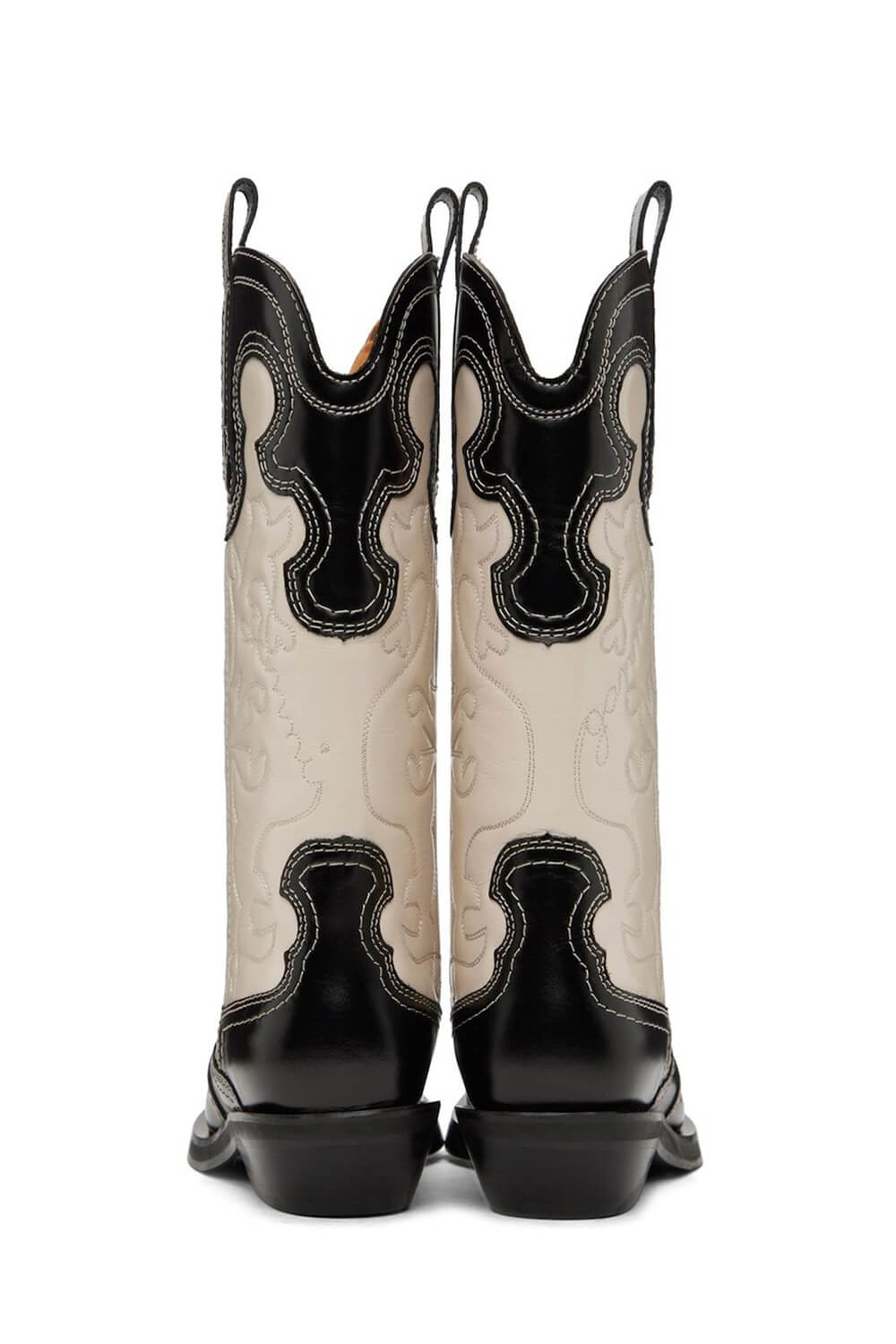 Black And White Embroidered Western Cowboy Pointed-Toe Mid-Calf Boots