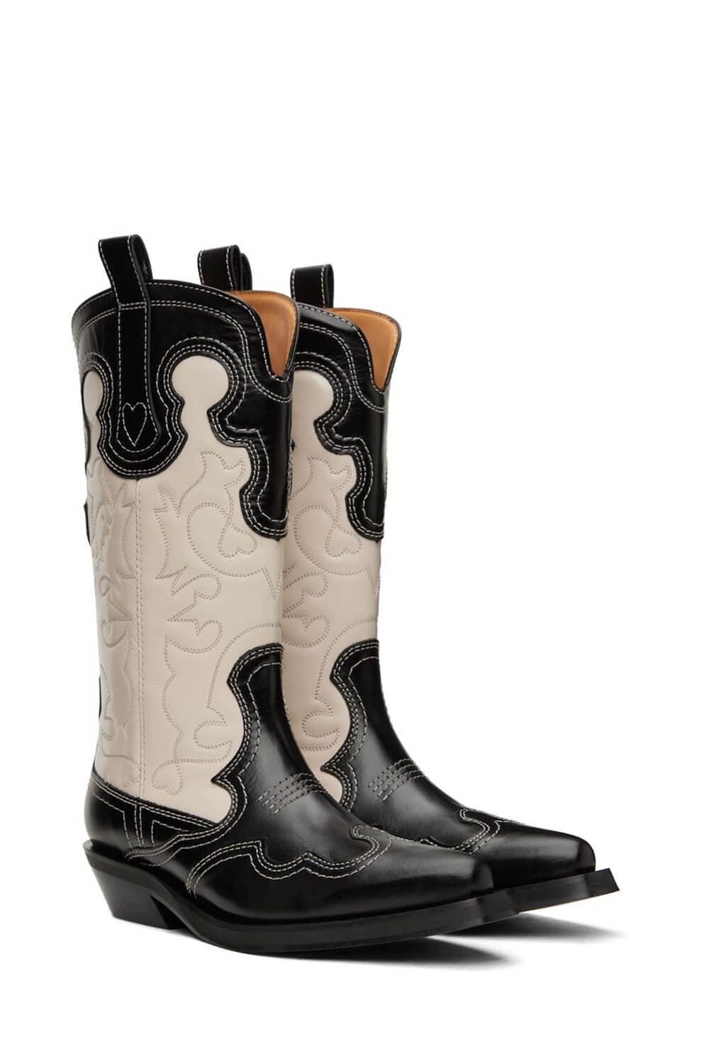 Black And White Embroidered Western Cowboy Pointed-Toe Mid-Calf Boots