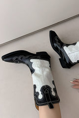 Black And White Embroidered Western Cowboy Pointed-Toe Mid-Calf Boots