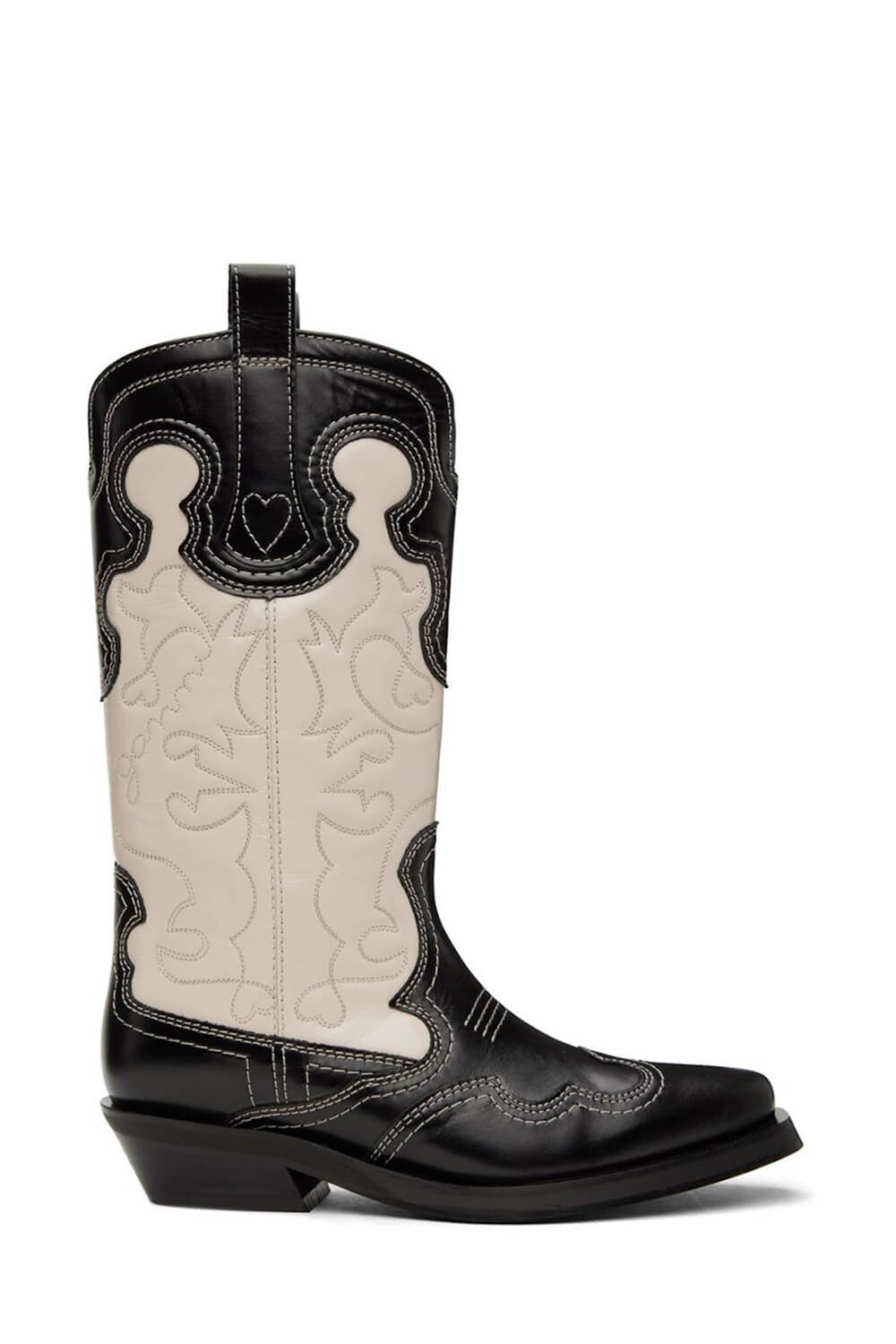 Black And White Embroidered Western Cowboy Pointed-Toe Mid-Calf Boots