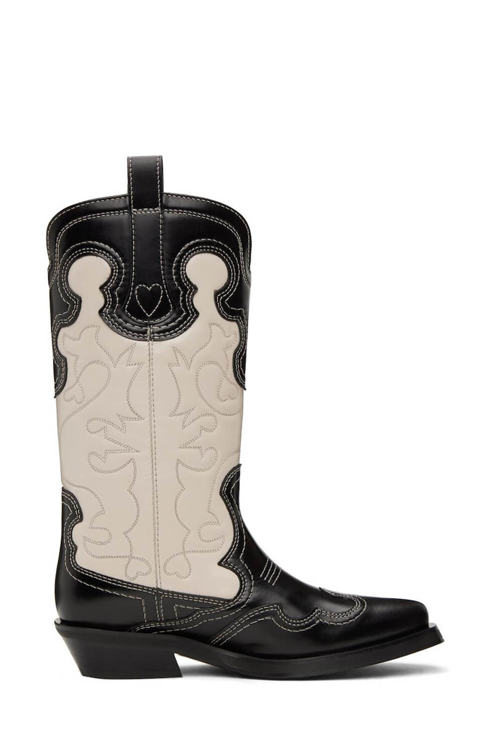 Black And White Embroidered Western Cowboy Pointed-Toe Mid-Calf Boots