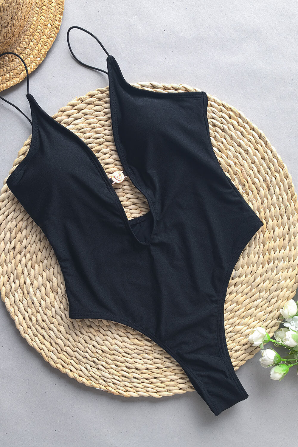 V Neck Cut Out One Piece Swimsuit With Golden Ring Details - Black