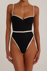 Underwire Contrast Trim High Rise One Piece Swimsuit - Black