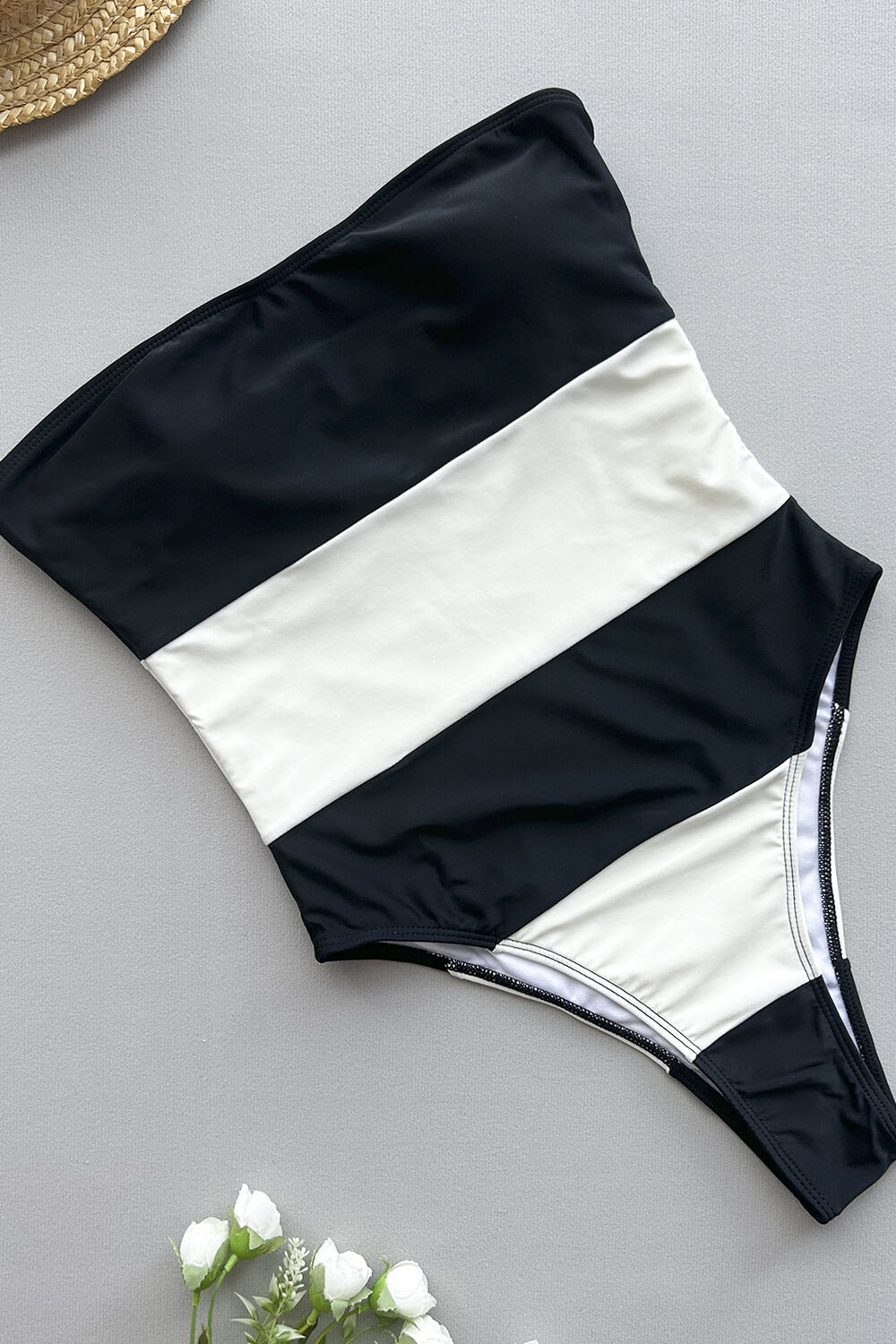 Stripe Color Block Strapless High Rise One Piece Swimsuit