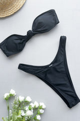Knotted Bandeau High Leg Bikini Set - Black