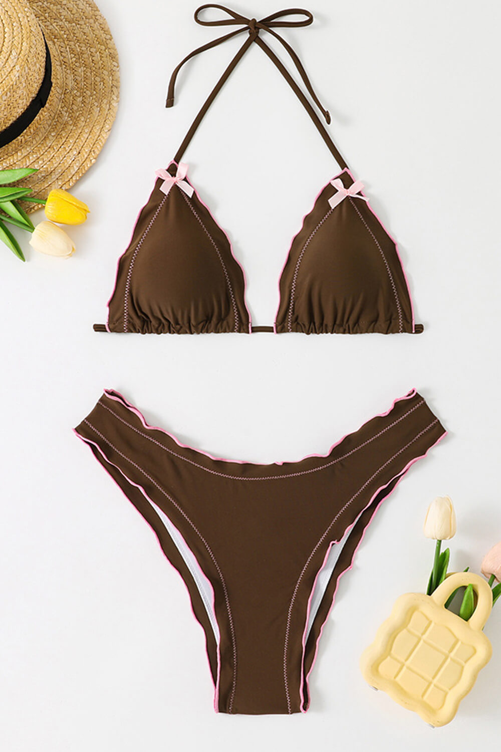Frill Trim Triangle Halter High Cut Bikini Set