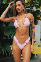 Frill Trim Triangle Halter High Cut Bikini Set