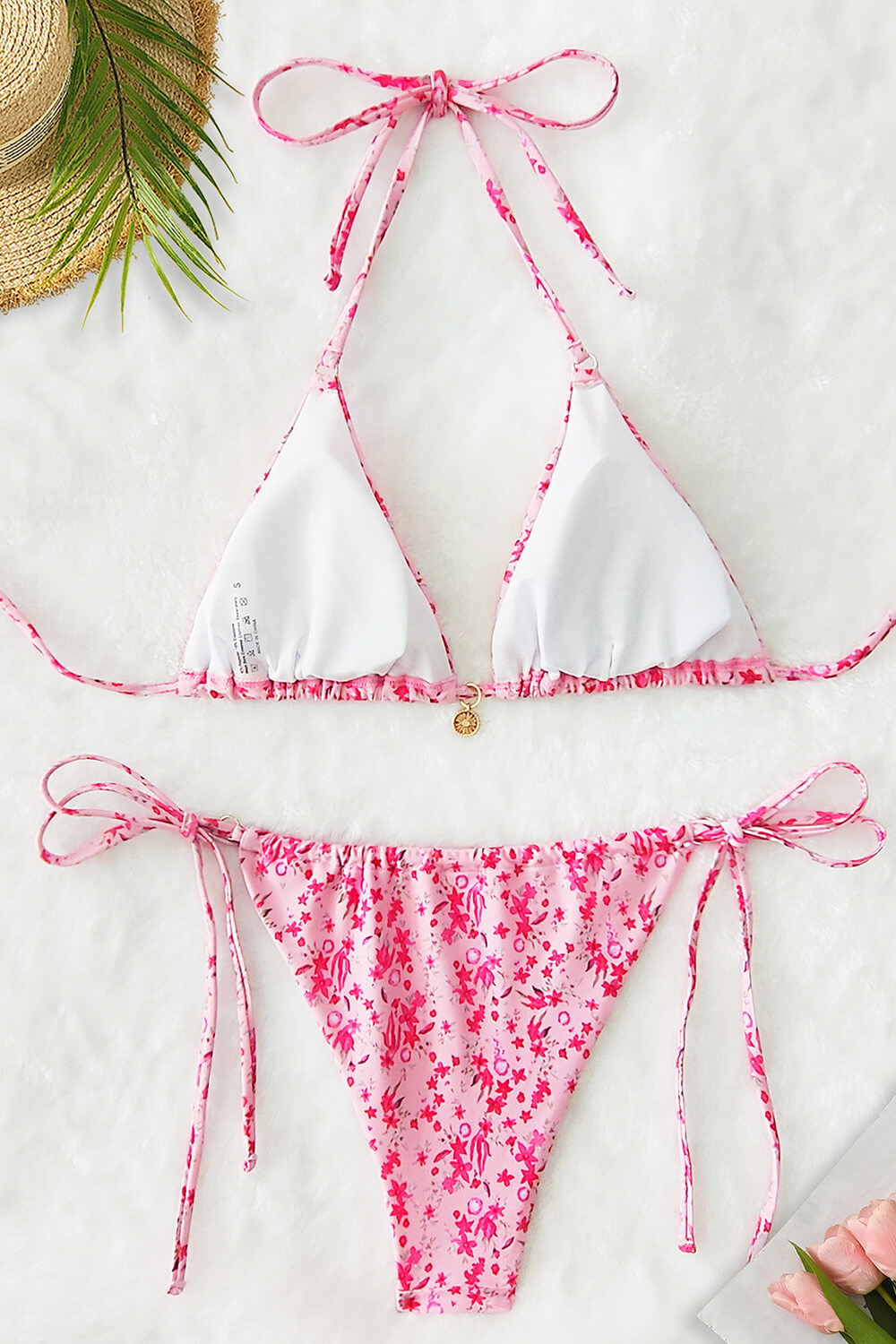 Floral Print Triangle Halter Tie Side Bikini Set With Gold Charm Details