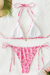 Floral Print Triangle Halter Tie Side Bikini Set With Gold Charm Details