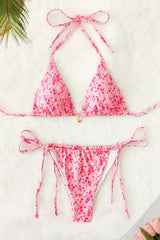 Floral Print Triangle Halter Tie Side Bikini Set With Gold Charm Details