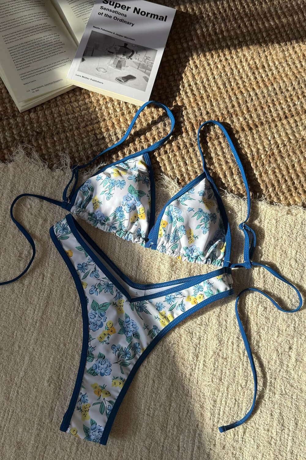 Blue Floral Print Contrast Trim Triangle High Cut Bikini Set