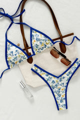 Blue Floral Print Contrast Trim Triangle High Cut Bikini Set