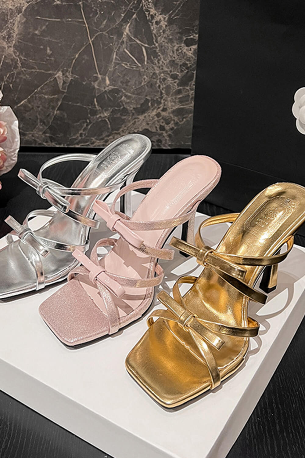 Double Bow Detail Strappy Square Toe Stiletto Mules
