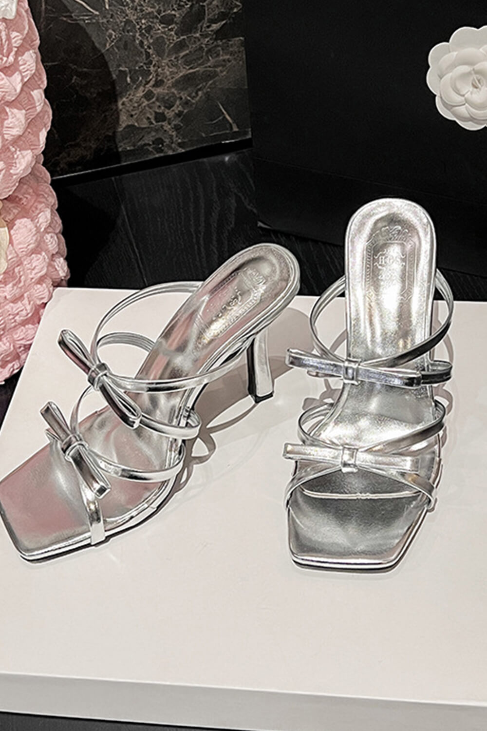 Double Bow Detail Strappy Square Toe Stiletto Mules