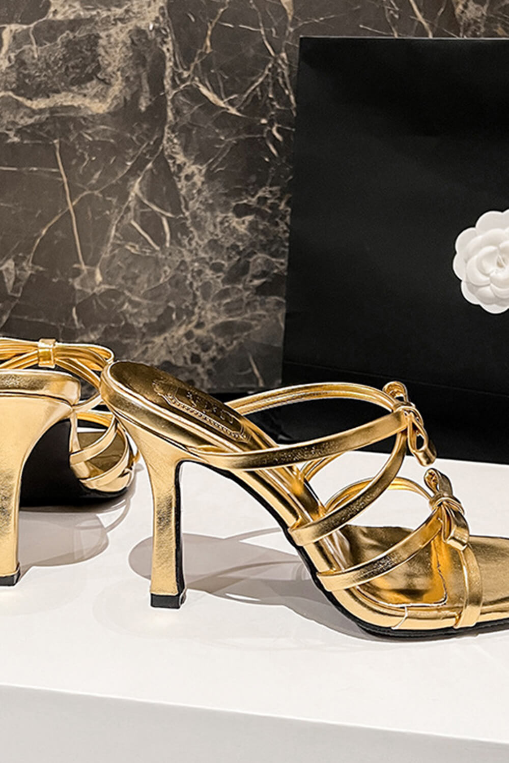 Double Bow Detail Strappy Square Toe Stiletto Mules