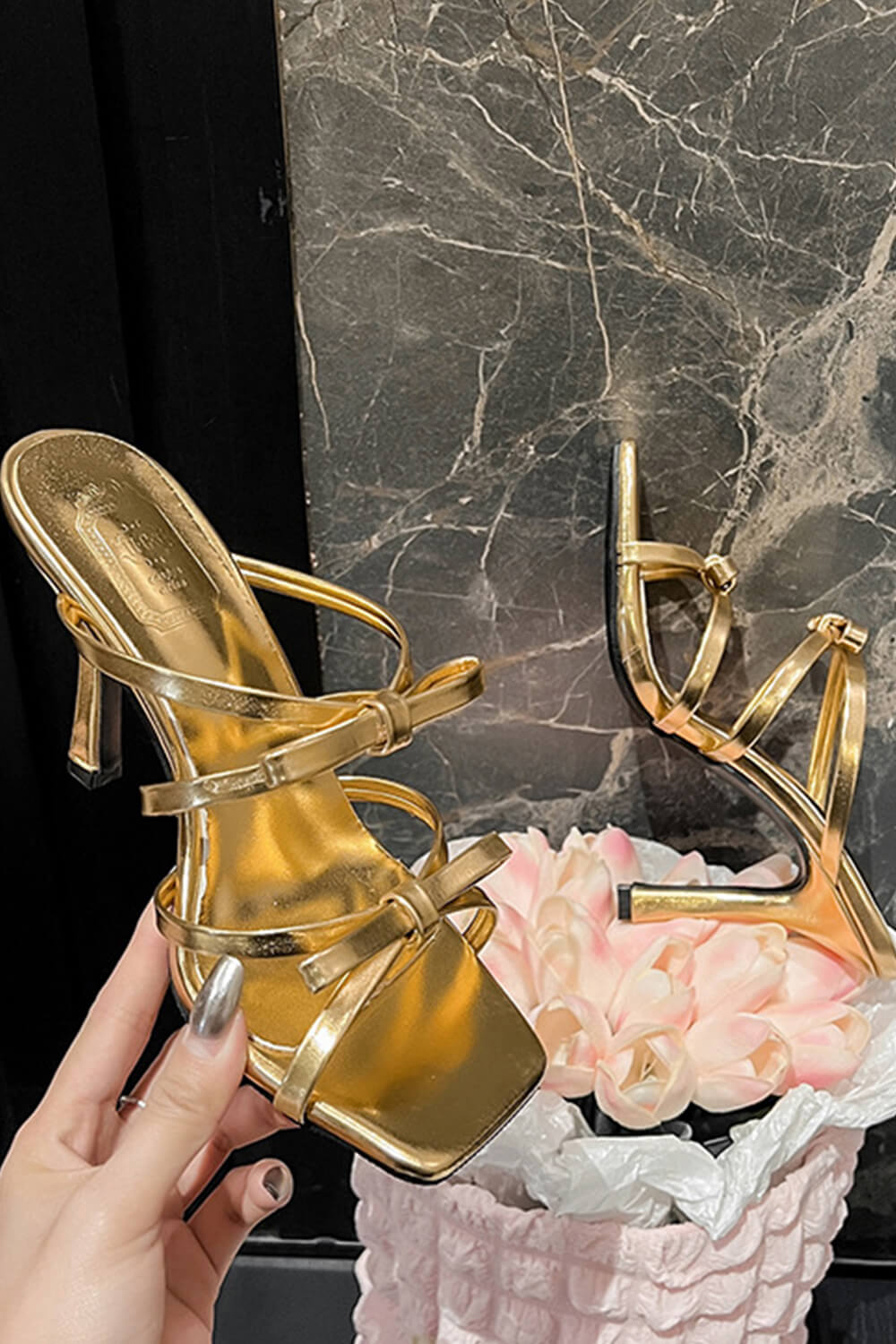 Double Bow Detail Strappy Square Toe Stiletto Mules