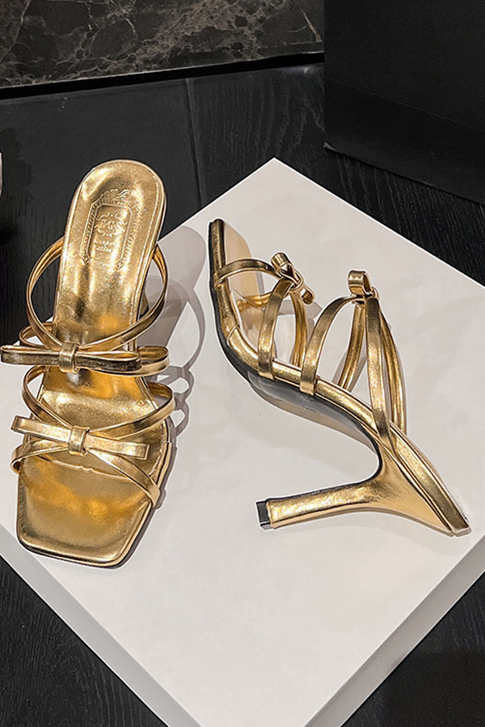 Double Bow Detail Strappy Square Toe Stiletto Mules