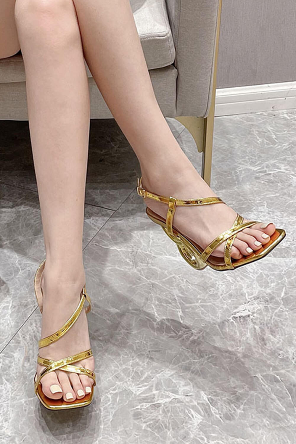 Strappy Square Toe Chain Heels - Gold