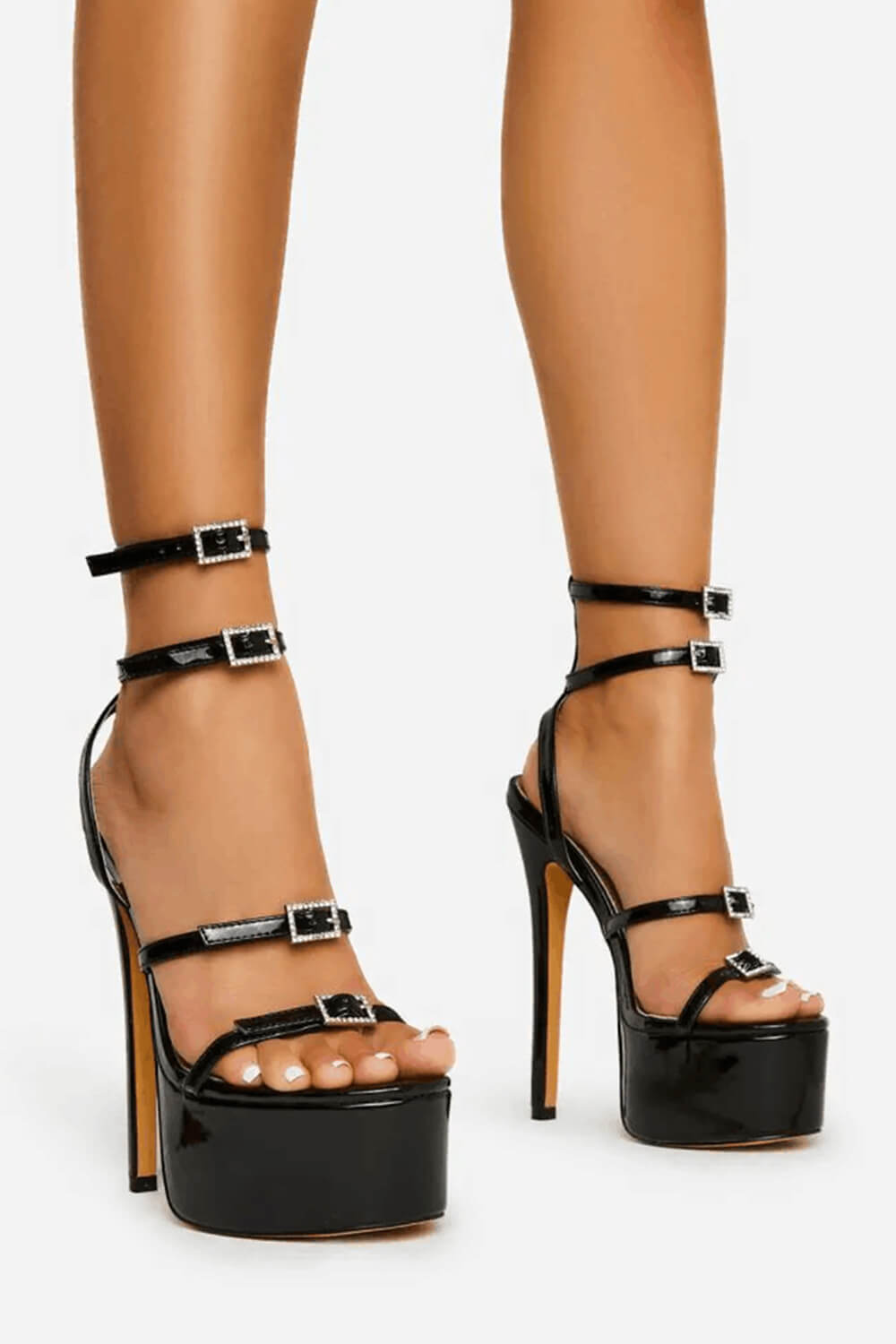 Patent Strappy Diamante Buckle Statement Platform High Heel