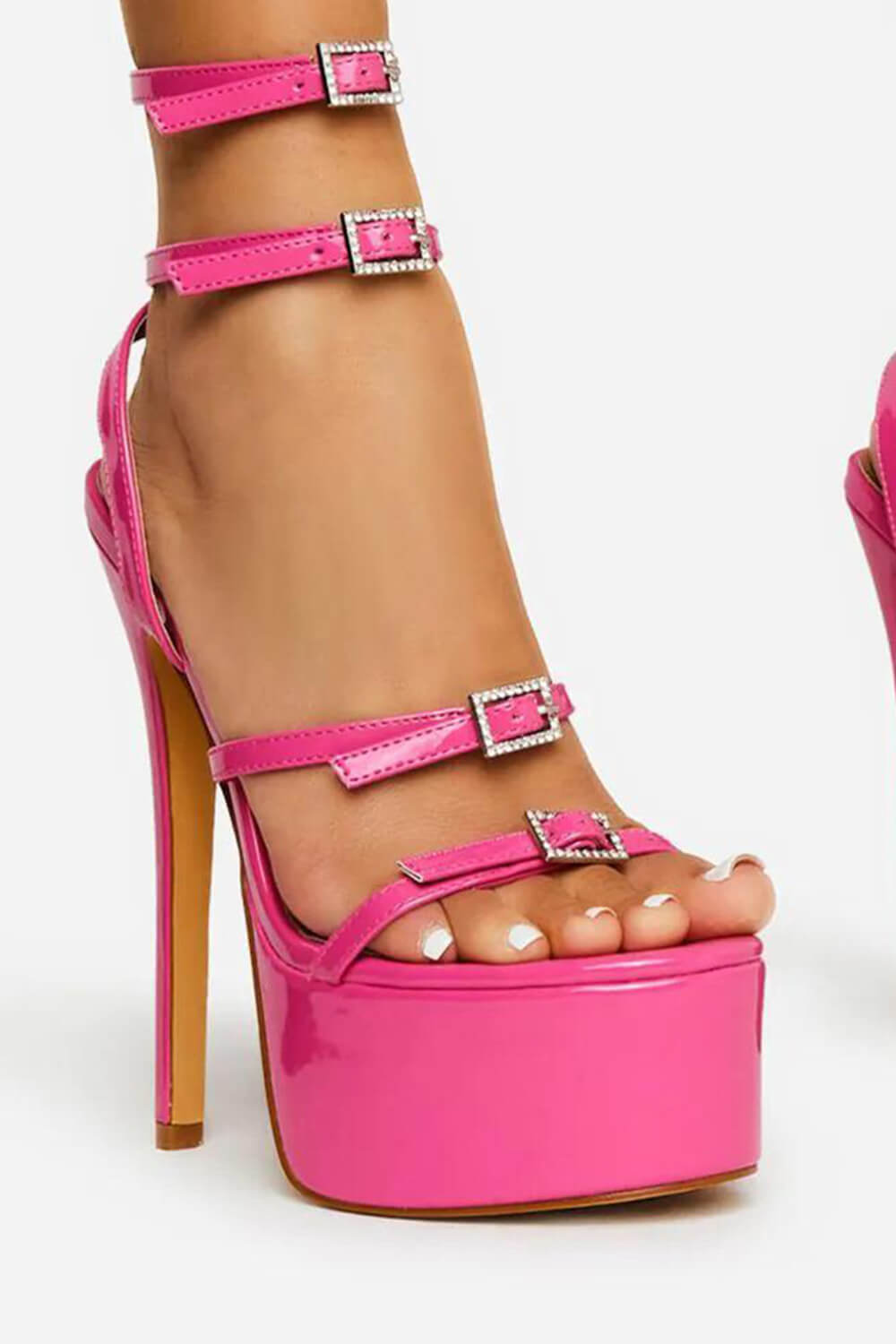 Patent Strappy Diamante Buckle Statement Platform High Heel