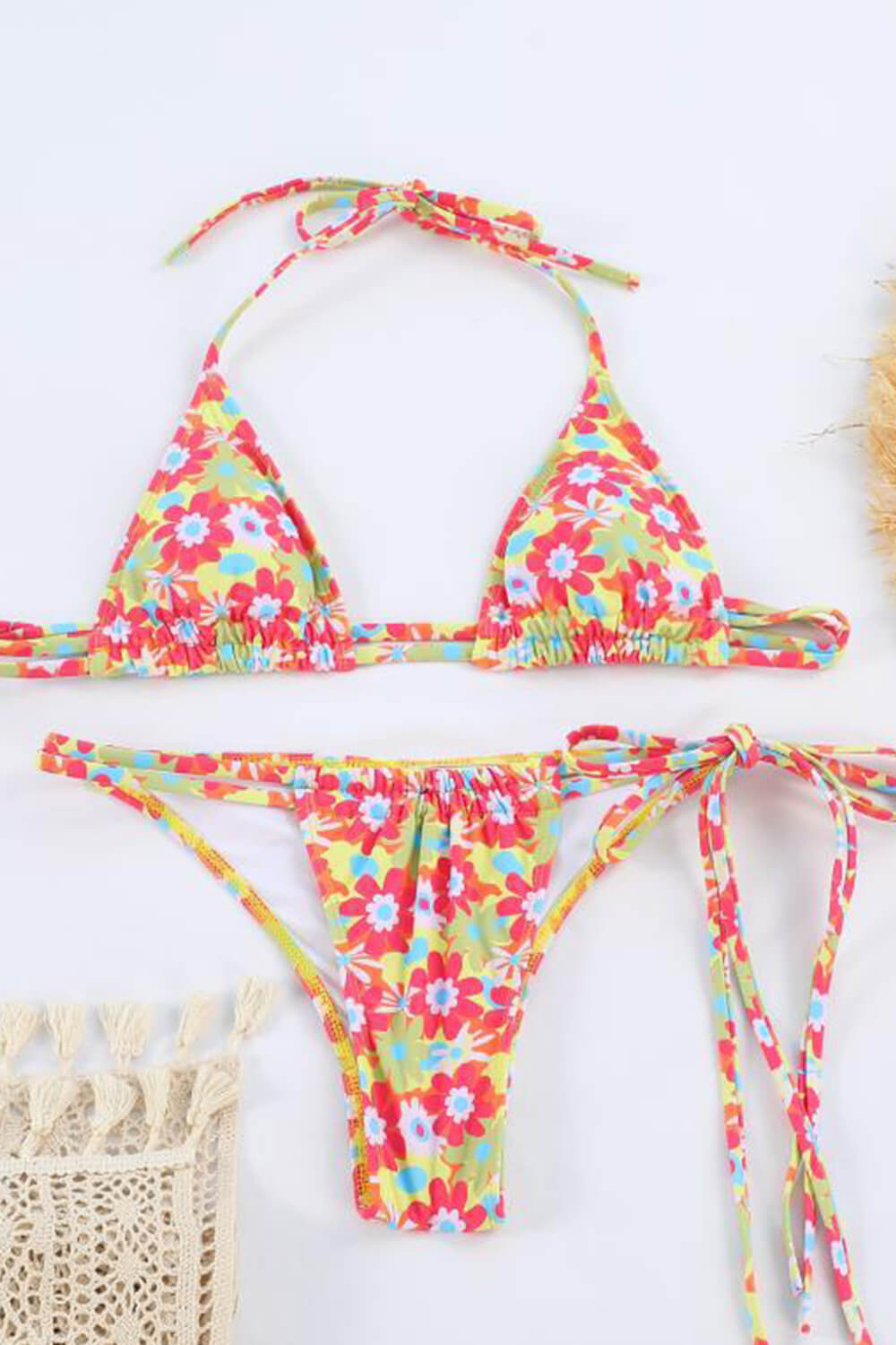 Floral Print Triangle Adjustable Tie Bikini Set