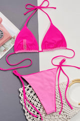 Contrast Trim Triangle Halter Tie Side Bikini Set