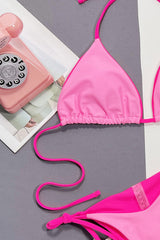 Contrast Trim Triangle Halter Tie Side Bikini Set