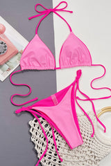 Contrast Trim Triangle Halter Tie Side Bikini Set