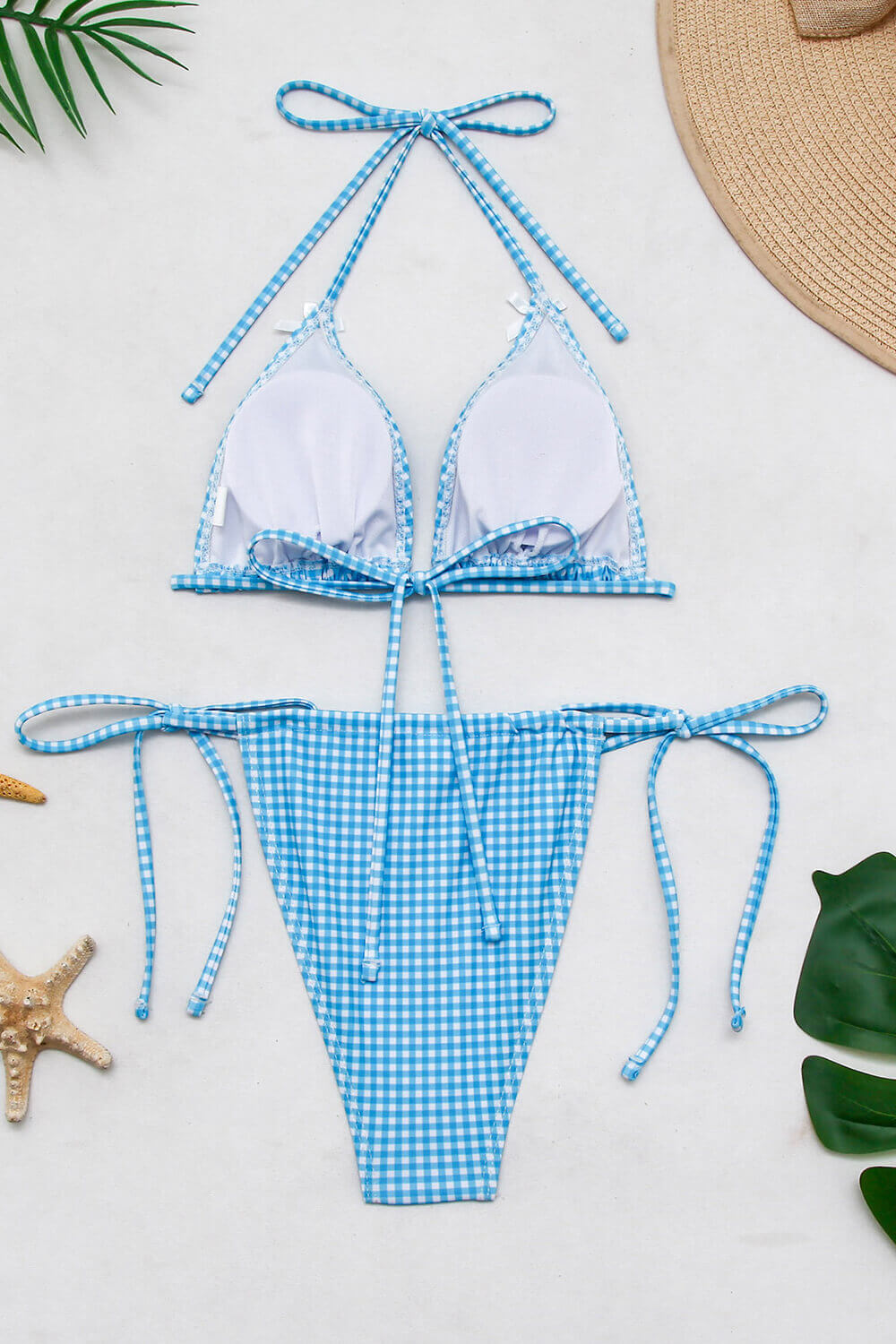 Gingham Print Triangle Halter Tie Side Bikini Set With Bows