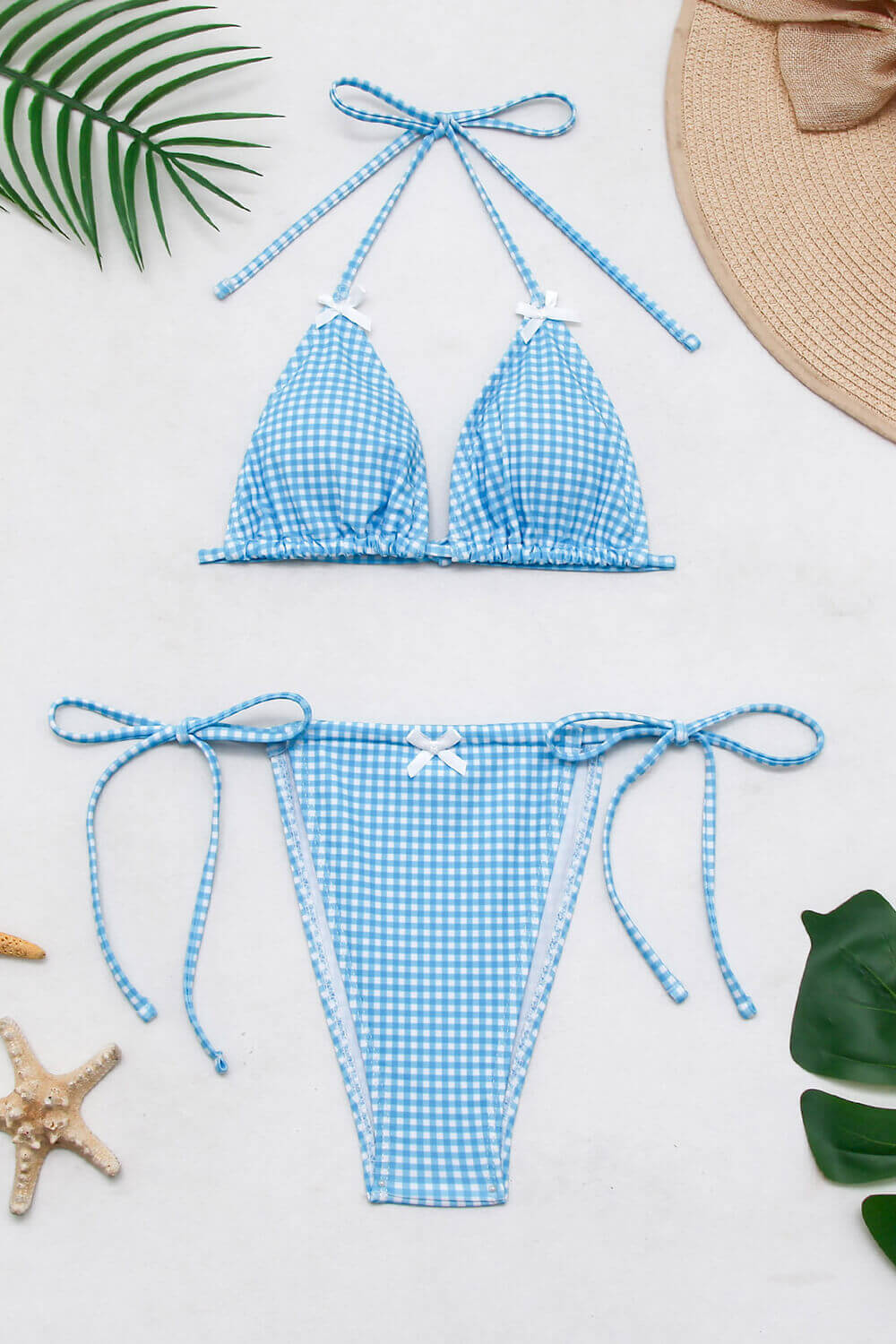 Gingham Print Triangle Halter Tie Side Bikini Set With Bows