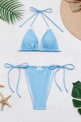 Gingham Print Triangle Halter Tie Side Bikini Set With Bows