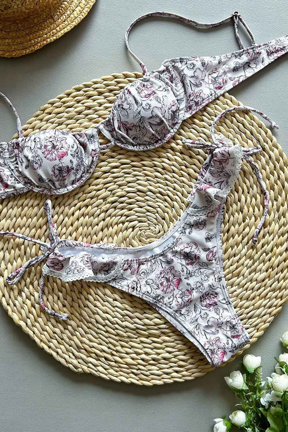 Floral Petal Ruched Underwire Bikini Set With Ruffle Detailing