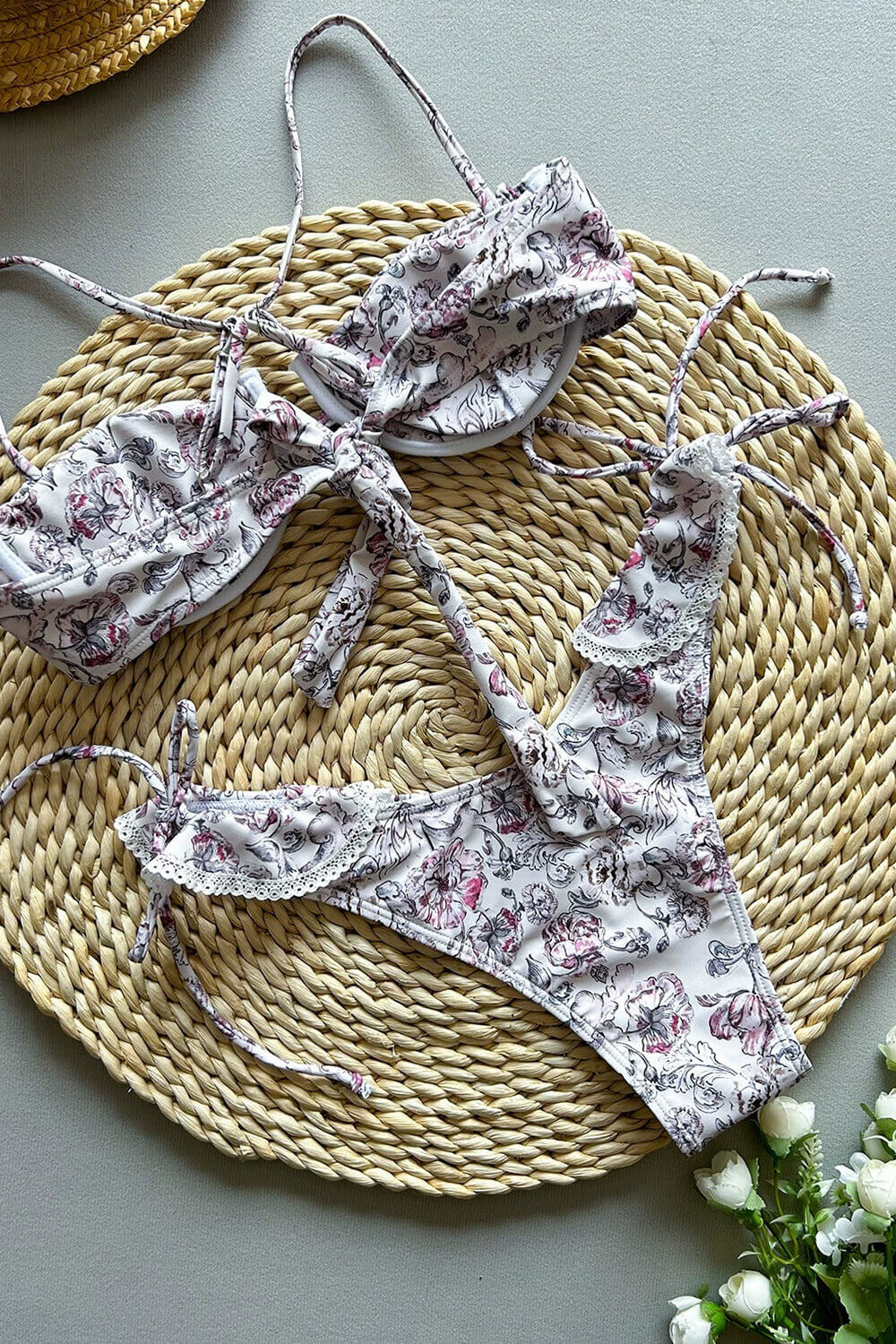 Floral Petal Ruched Underwire Bikini Set With Ruffle Detailing